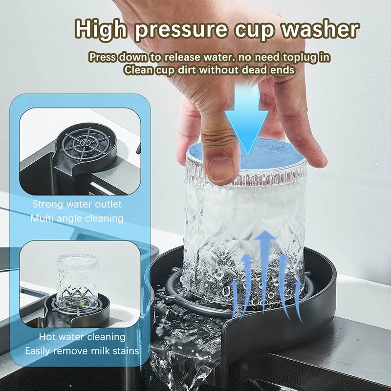 Large 60x45cm Single Slot Kitchen Sink with Faucet 304 Stainless Steel Rainfall 4 Functions Sink with Soap Dispenser,Cup Washer