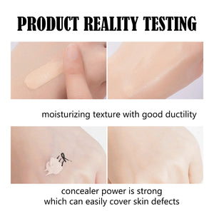 Product reality testing showing moisturizing texture and strong concealer power of cream foundation.