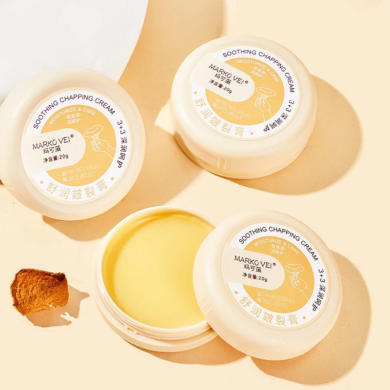 Soothing chapping cream by MARKO VEI, 20g jars shown, ideal for moisturizing dry skin and preventing chapped lips.
