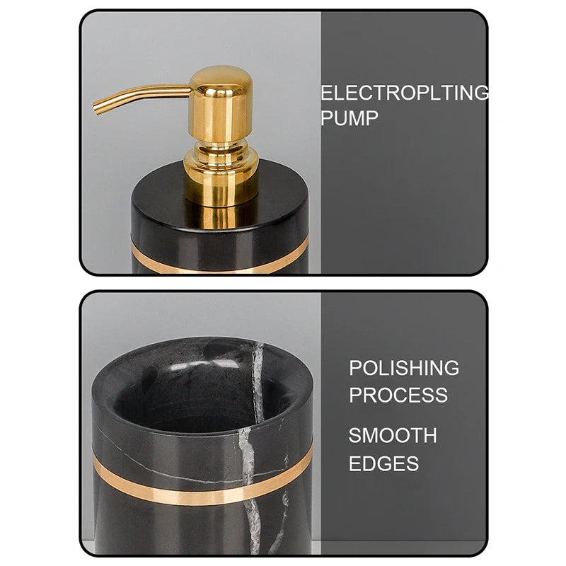 Black Nero Marquin Natural Marble Bathroom Accessories Luxury Gold Soap Dish Soap Dispenser Toothbrush Holder Tray Bathroom Set