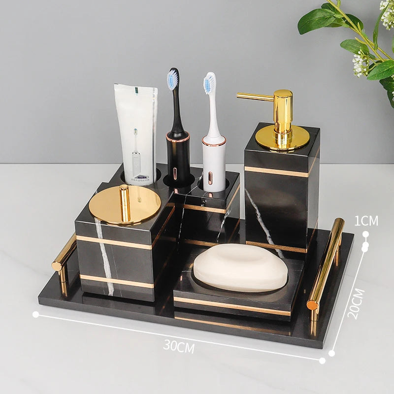Black Nero Marquin Natural Marble Bathroom Accessories Luxury Gold Soap Dish Soap Dispenser Toothbrush Holder Tray Bathroom Set