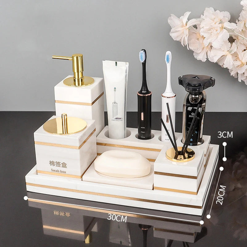 Volakos White Natural Marble Bathroom Accessories Golden Luxury Soap Dish Soap Dispenser Toothbrush Holder Tray Bathroom Set