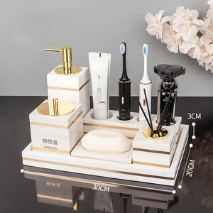 Volakos White Natural Marble Bathroom Accessories Golden Luxury Soap Dish Soap Dispenser Toothbrush Holder Tray Bathroom Set