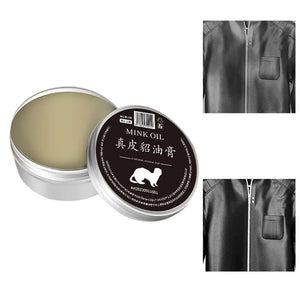 Mink oil leather care cream in tin for revitalizing leather jackets, bags, and accessories.