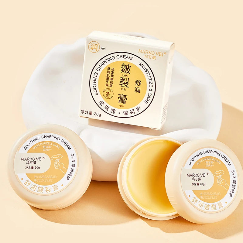 Soothing chapping cream in jars with packaging, designed for moisturizing and softening dry skin.
