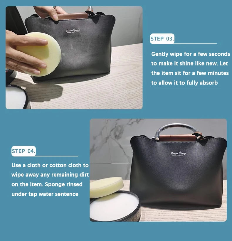 Instructions for using leather cleaning cream on a bag, showcasing cleaning steps for optimal care.