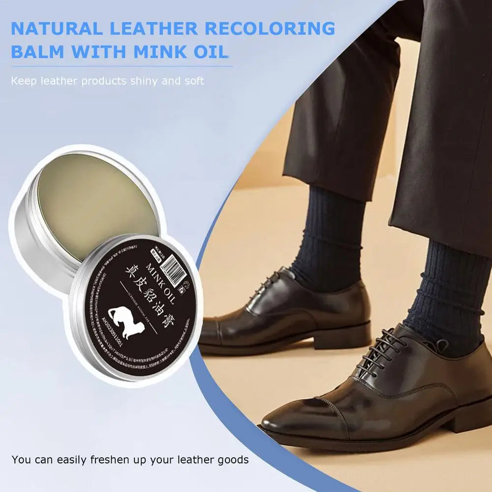 Natural leather recoloring balm with mink oil for shiny and soft leather shoes and goods.