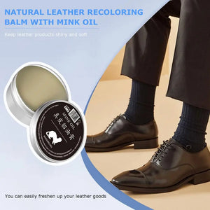 Natural leather recoloring balm with mink oil for shiny and soft leather shoes and goods.