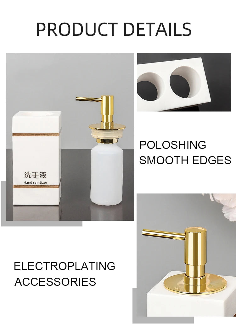 Volakos White Natural Marble Bathroom Accessories Golden Luxury Soap Dish Soap Dispenser Toothbrush Holder Tray Bathroom Set
