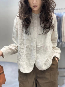 Women's Clothing Vintage Simple Chic Button Up Shirt Solid Casual Cotton Blouse O Neck Long Sleeve Loose Tops Camisas De Mujer