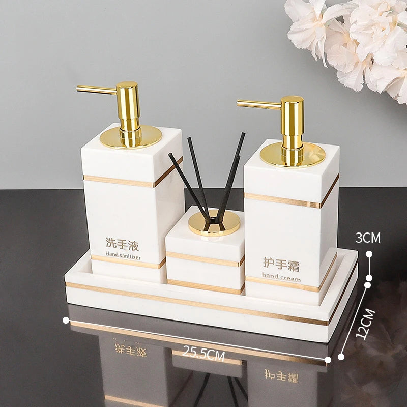 Volakos White Natural Marble Bathroom Accessories Golden Luxury Soap Dish Soap Dispenser Toothbrush Holder Tray Bathroom Set
