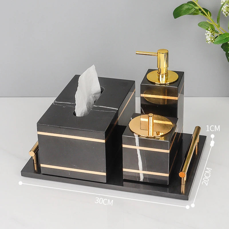 Black Nero Marquin Natural Marble Bathroom Accessories Luxury Gold Soap Dish Soap Dispenser Toothbrush Holder Tray Bathroom Set
