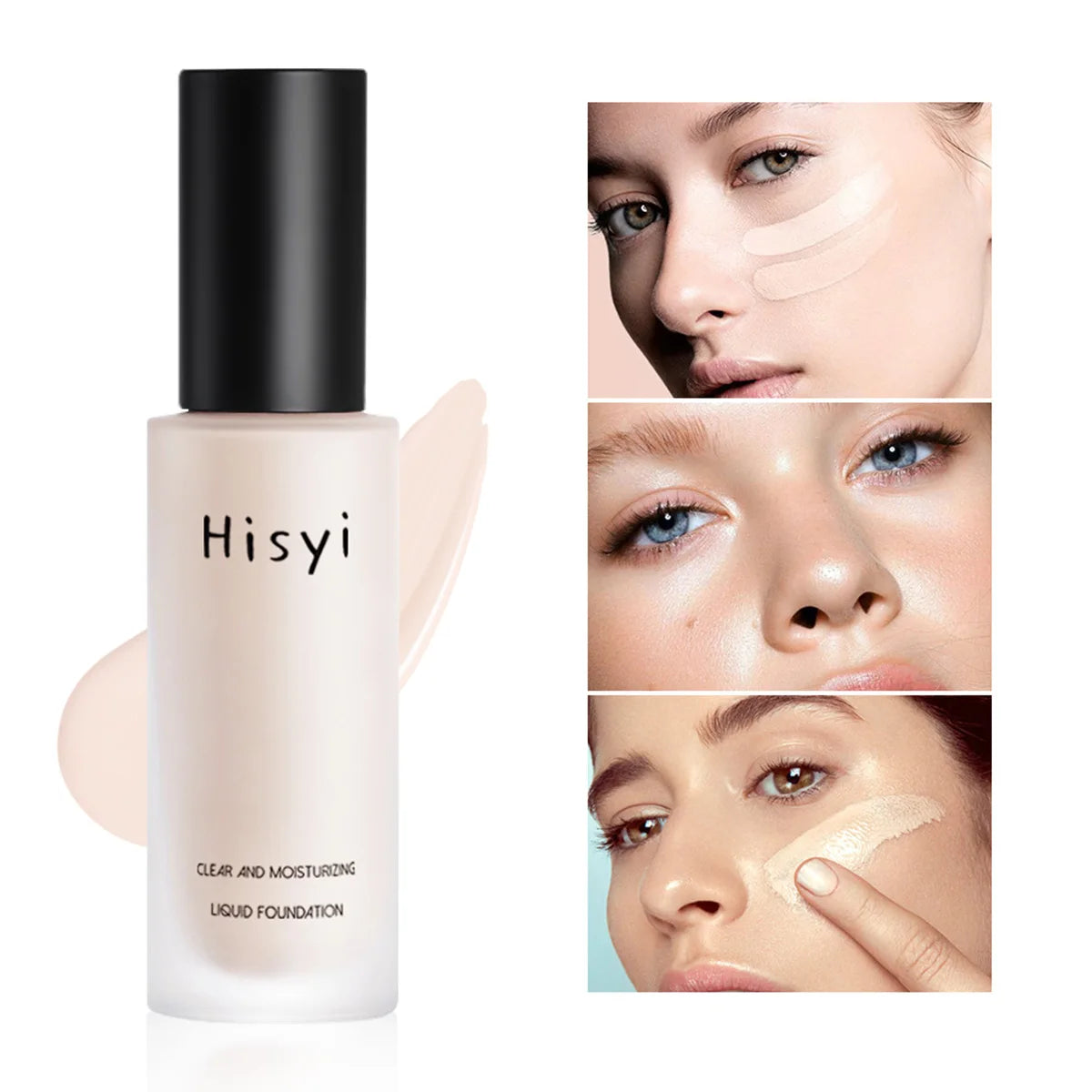 Hisy Cream Foundation in a clear bottle with swatch images demonstrating smooth texture and flawless coverage on diverse skin tones.