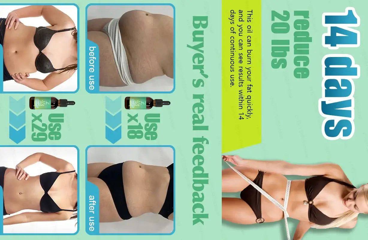 Before and after photos demonstrating a 20 lb weight loss in 14 days using a fat-burning oil.