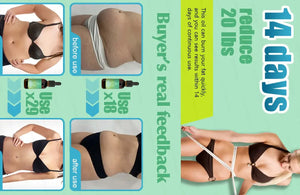 Before and after photos demonstrating a 20 lb weight loss in 14 days using a fat-burning oil.
