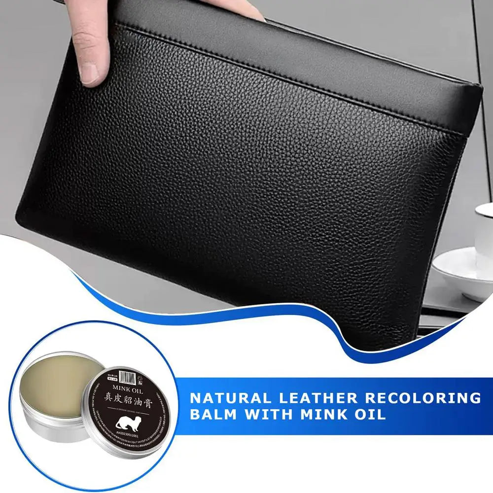 Natural leather recoloring balm with mink oil for revitalizing black leather goods.