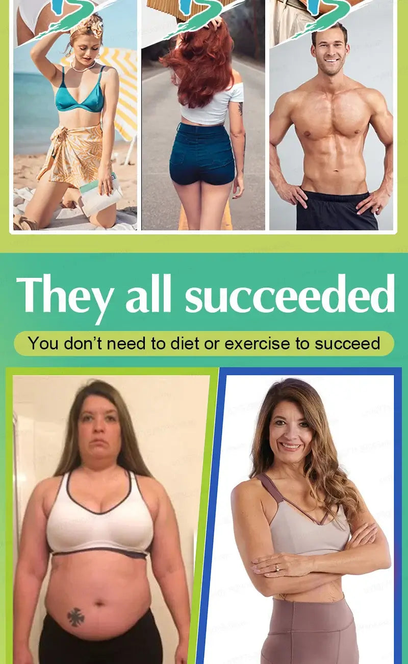 Before and after images showcasing successful weight loss transformations without diet or exercise.