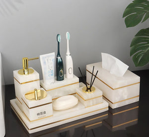 White Onyx Natural Marble Bathroom Accessories Luxury Golden Soap Dispenser Toothbrush Holder Soap Dish Tray Set for Bathroom