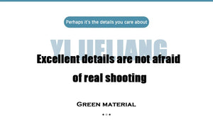 Text promoting high-quality details and green materials, emphasizing authenticity in product representation.
