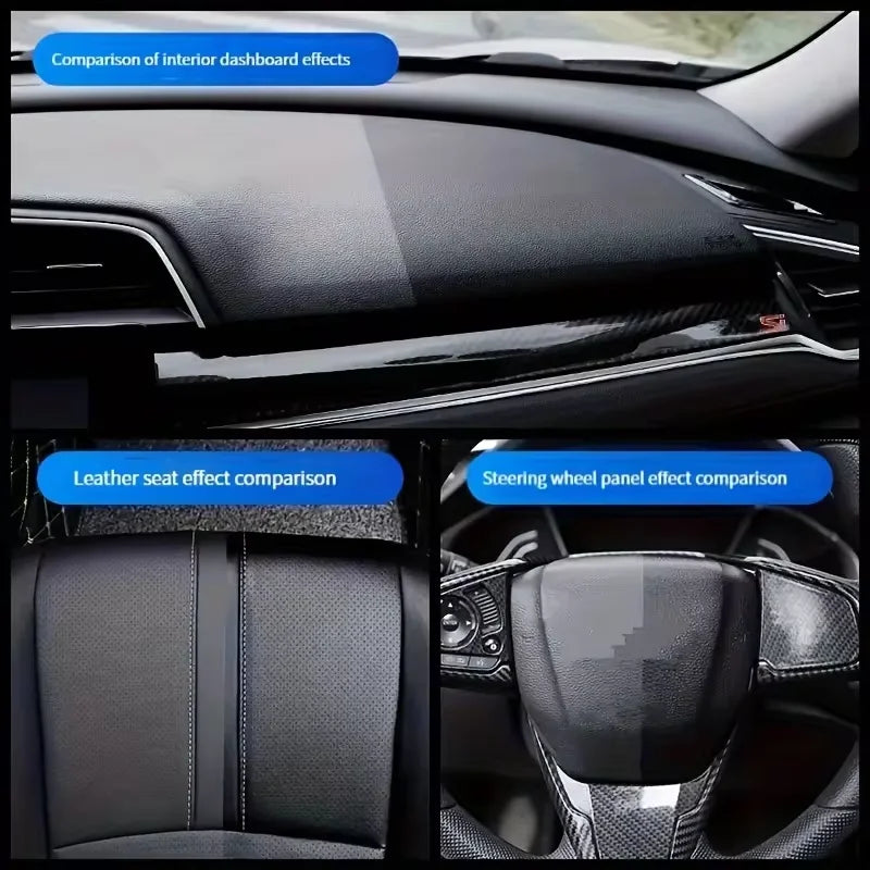 Comparison of car interior features: dashboard, leather seat, and steering wheel panel effects.