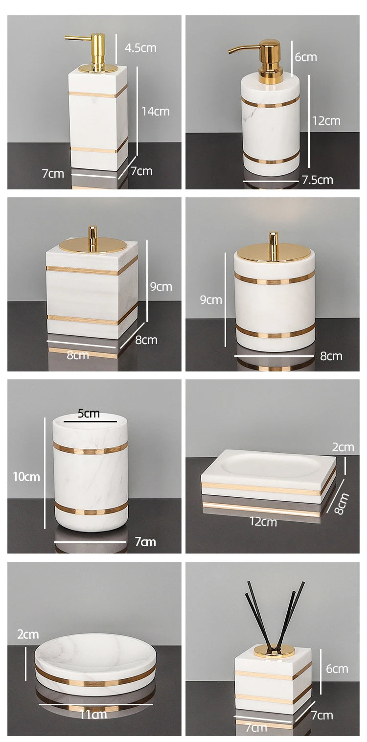 Volakos White Natural Marble Bathroom Accessories Golden Luxury Soap Dish Soap Dispenser Toothbrush Holder Tray Bathroom Set