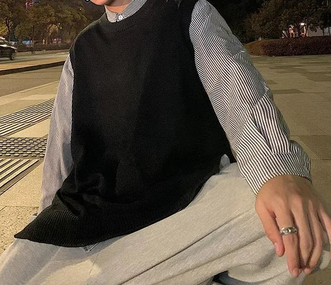 Man Clothes Plain Vest Solid Color Knitted Sweaters For Men Slit Jacket Waistcoat Coat Sleeveless Korean Style Overfit Baggy X
