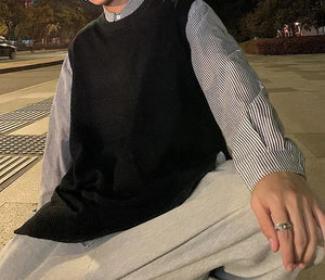 Man Clothes Plain Vest Solid Color Knitted Sweaters For Men Slit Jacket Waistcoat Coat Sleeveless Korean Style Overfit Baggy X