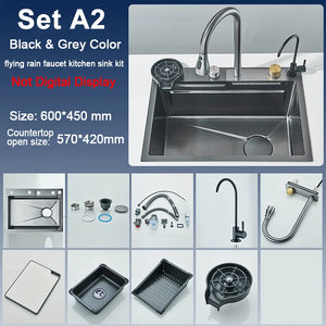 Large 60x45cm Single Slot Kitchen Sink with Faucet 304 Stainless Steel Rainfall 4 Functions Sink with Soap Dispenser,Cup Washer
