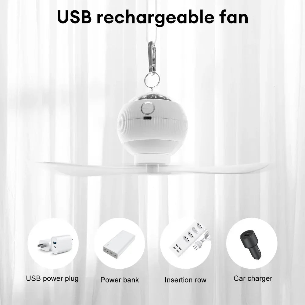 3 in 1 USB Rechargeable Ceiling Fans Light with Stars Projection Light for Outdoor Tent Camping Dormitory Room  Lamp