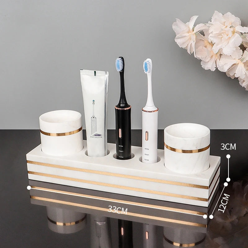 Volakos White Natural Marble Bathroom Accessories Golden Luxury Soap Dish Soap Dispenser Toothbrush Holder Tray Bathroom Set