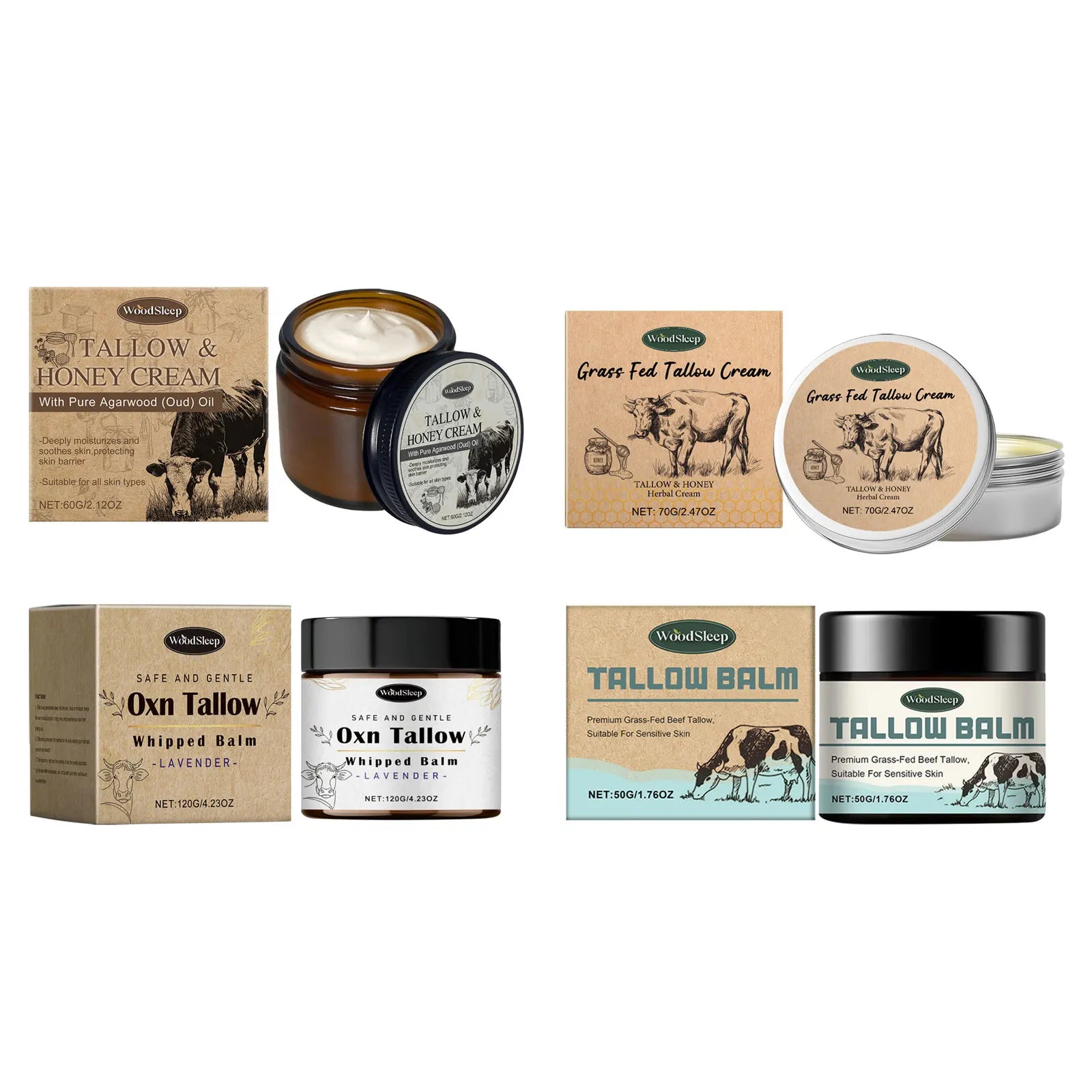 Beef tallow cream and balms for dry skin, including Whipped Tallow Honey Balm and Oxn Tallow, promoting moisture and nourishment.