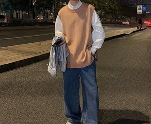 Man Clothes Plain Vest Solid Color Knitted Sweaters For Men Slit Jacket Waistcoat Coat Sleeveless Korean Style Overfit Baggy X