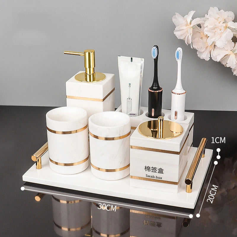 Volakos White Natural Marble Bathroom Accessories Golden Luxury Soap Dish Soap Dispenser Toothbrush Holder Tray Bathroom Set