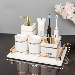 Volakos White Natural Marble Bathroom Accessories Golden Luxury Soap Dish Soap Dispenser Toothbrush Holder Tray Bathroom Set