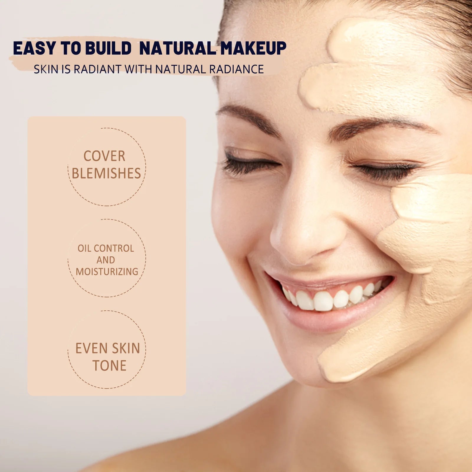 Woman showcasing natural makeup with foundation that covers blemishes, controls oil, and evens skin tone.
