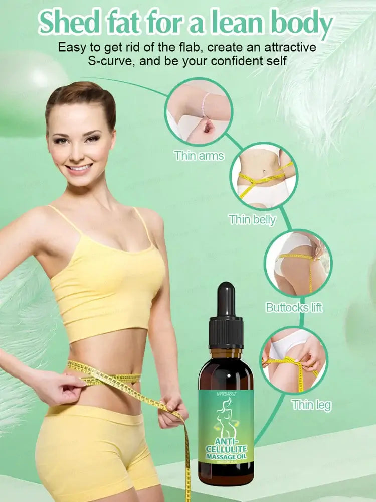 Unisex model demonstrating anti-cellulite massage oil for a lean body and confidence. Easy to use for shedding fat.