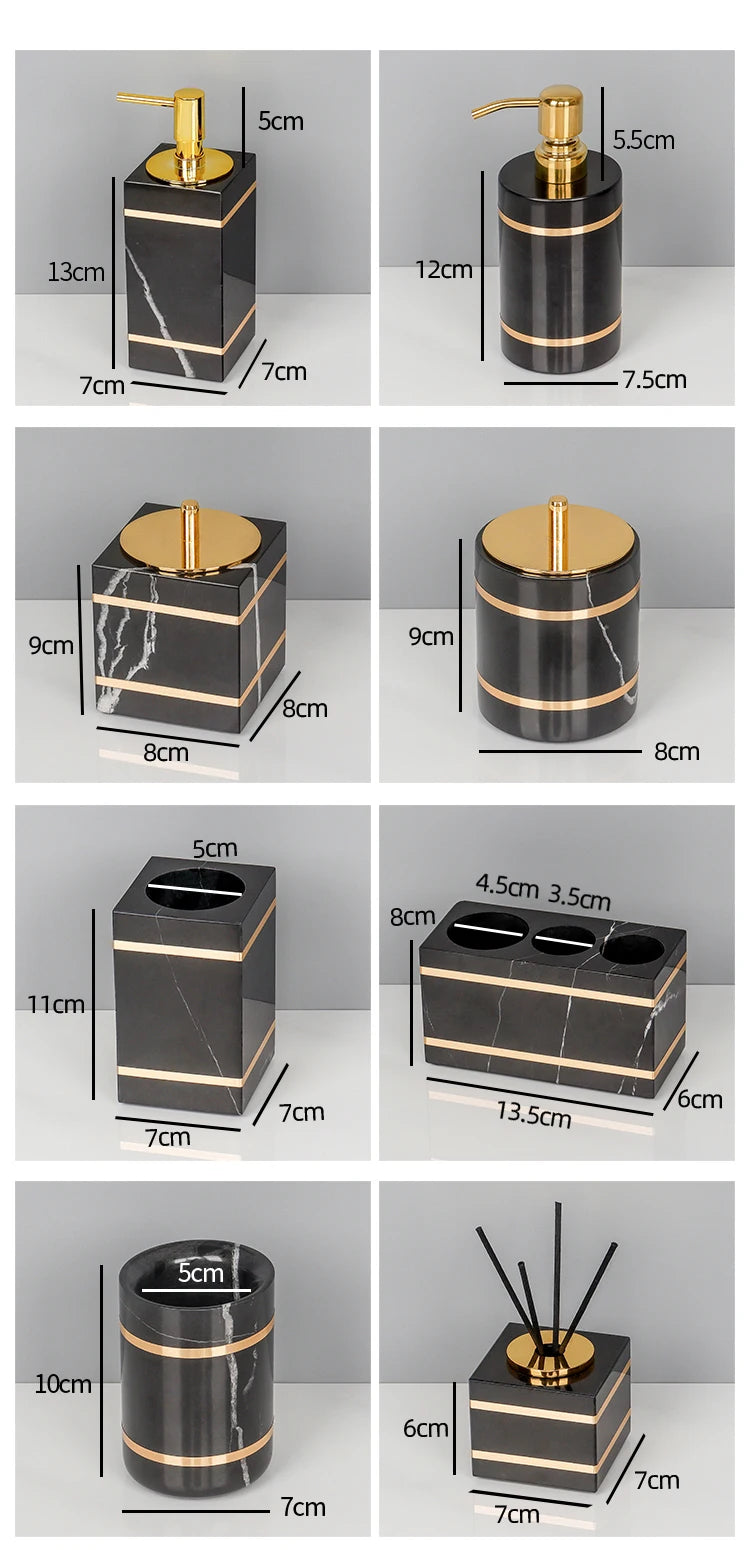 Black Nero Marquin Natural Marble Bathroom Accessories Luxury Gold Soap Dish Soap Dispenser Toothbrush Holder Tray Bathroom Set