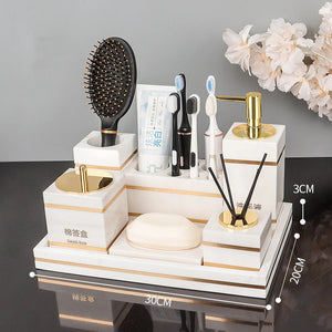 Volakos White Natural Marble Bathroom Accessories Golden Luxury Soap Dish Soap Dispenser Toothbrush Holder Tray Bathroom Set