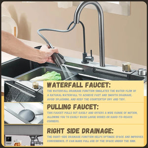 Large 60x45cm Single Slot Kitchen Sink with Faucet 304 Stainless Steel Rainfall 4 Functions Sink with Soap Dispenser,Cup Washer