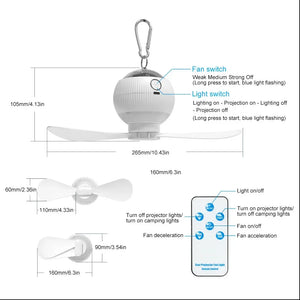 3 in 1 USB Rechargeable Ceiling Fans Light with Stars Projection Light for Outdoor Tent Camping Dormitory Room  Lamp