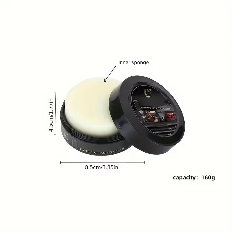 Leather cleaning cream in a jar with inner sponge, 160g capacity, perfect for maintaining leather sofas and bags.