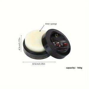 Leather cleaning cream in a jar with inner sponge, 160g capacity, perfect for maintaining leather sofas and bags.
