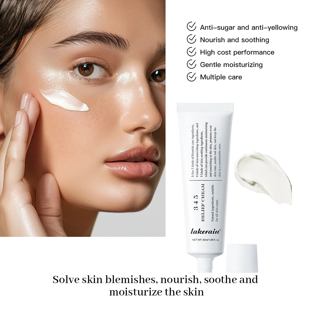 345 Relief Cream from Lakerain for nourishing and moisturizing skin, targeting blemishes with gentle care.
