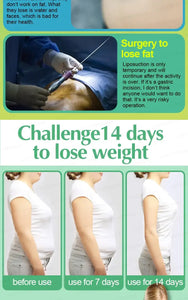 Infographic showing a 14-day weight loss challenge with before and after images and liposuction information.
