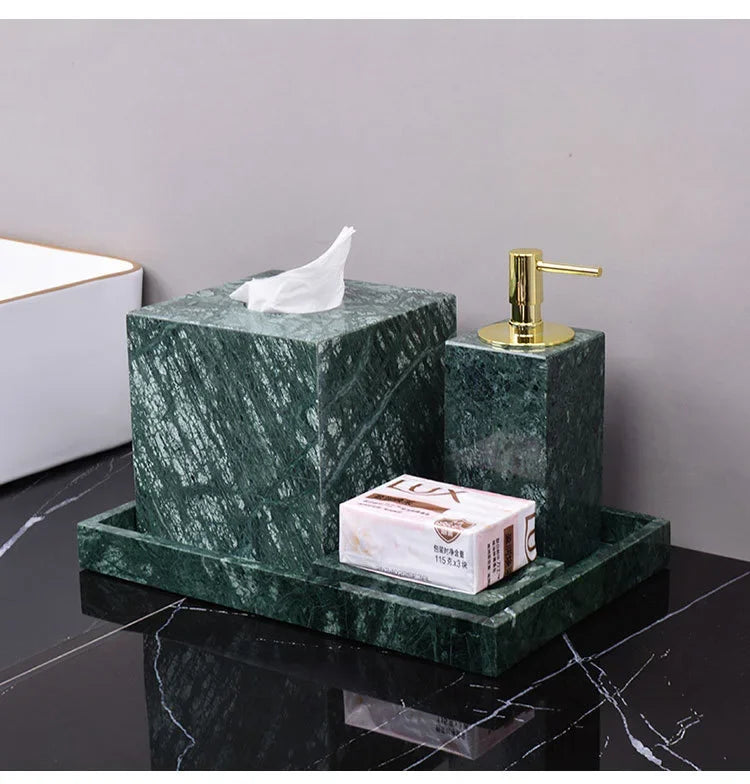 Wholesale Customized Dark Green Natural Marble Bathroom Set Nordic Light Luxury Tray Toothbrush Holder Soap Dispenser Kit
