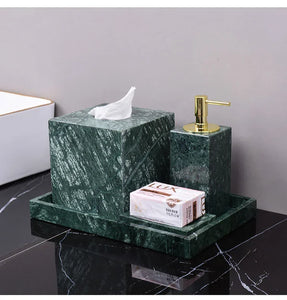 Wholesale Customized Dark Green Natural Marble Bathroom Set Nordic Light Luxury Tray Toothbrush Holder Soap Dispenser Kit