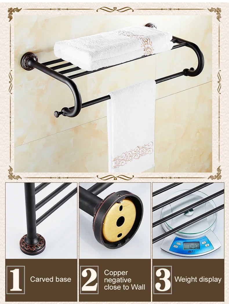 Black Bronze Bathroom Accessories Carving Bath Towel Shelves Toilet Brush Holder Soap Holder Toilet Paper Holder Bath Hardware