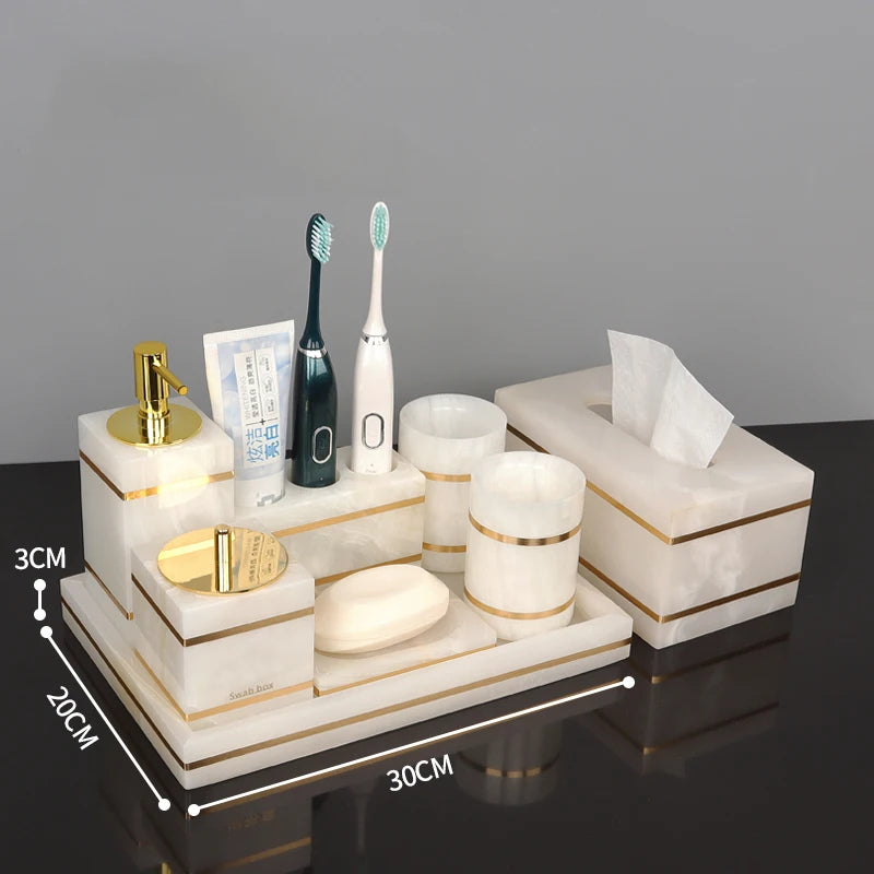 White Onyx Natural Marble Bathroom Accessories Luxury Golden Soap Dispenser Toothbrush Holder Soap Dish Tray Set for Bathroom