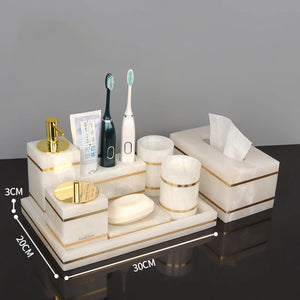 White Onyx Natural Marble Bathroom Accessories Luxury Golden Soap Dispenser Toothbrush Holder Soap Dish Tray Set for Bathroom