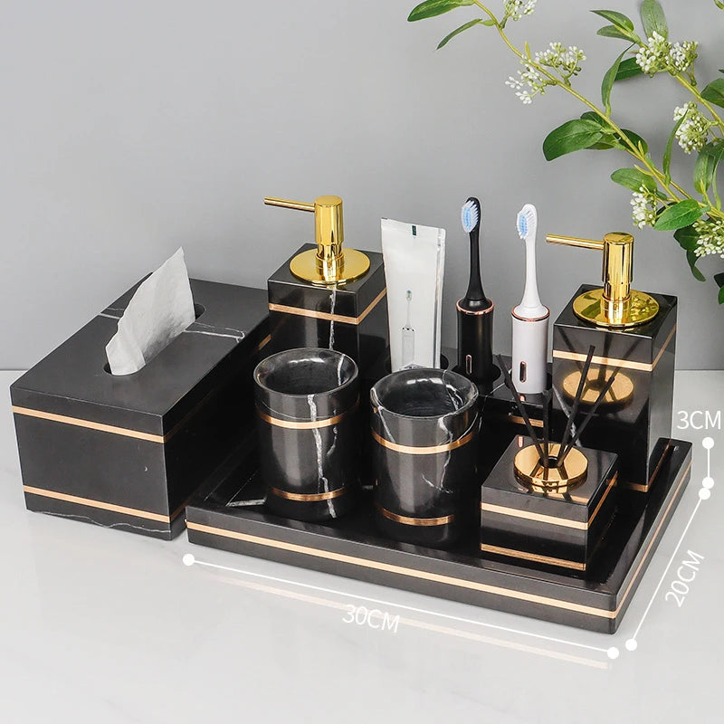Black Nero Marquin Natural Marble Bathroom Accessories Luxury Gold Soap Dish Soap Dispenser Toothbrush Holder Tray Bathroom Set